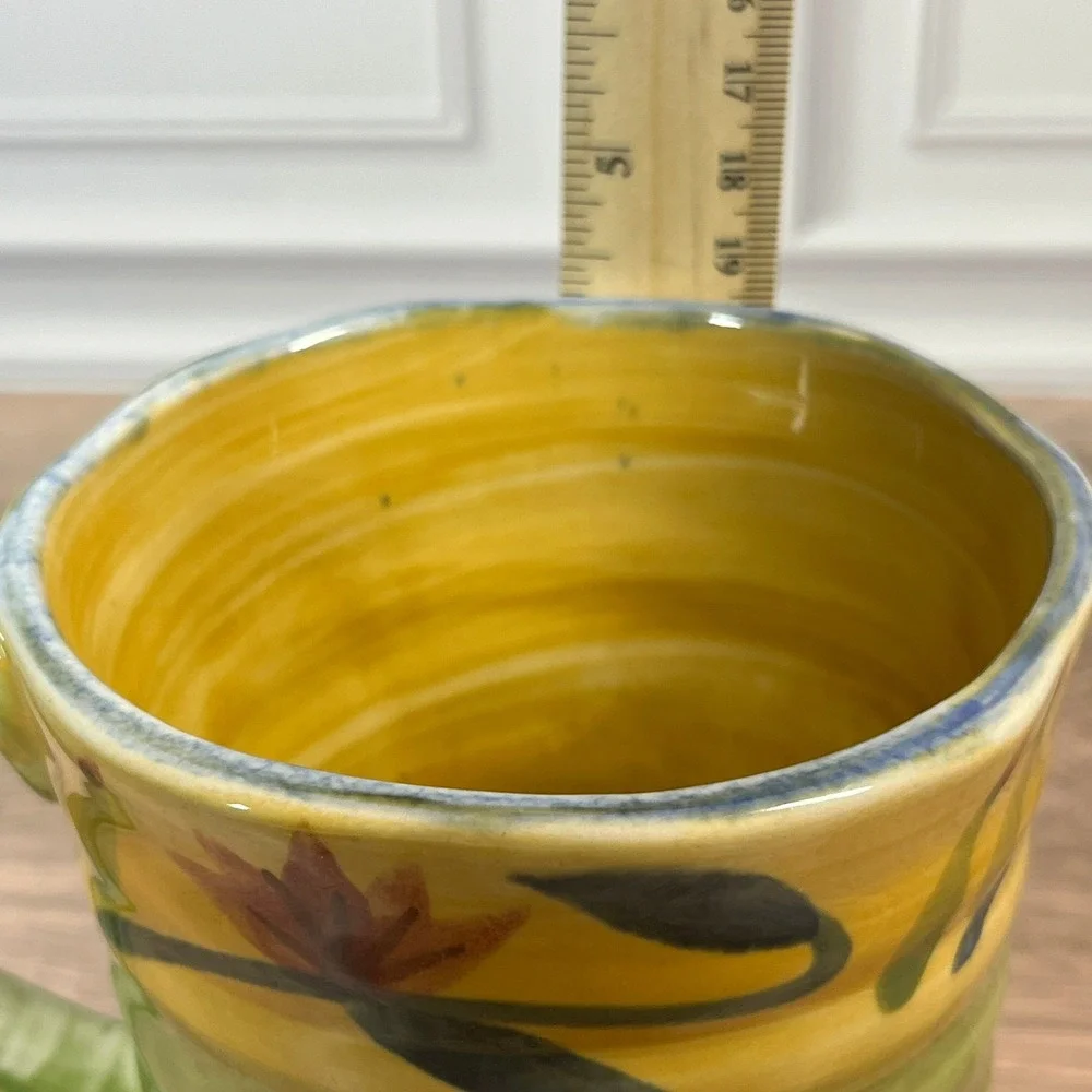 Pier 1 Elizabeth 16oz Coffee Tea‎ Mug Green Yellow Handpainted Floral Stoneware